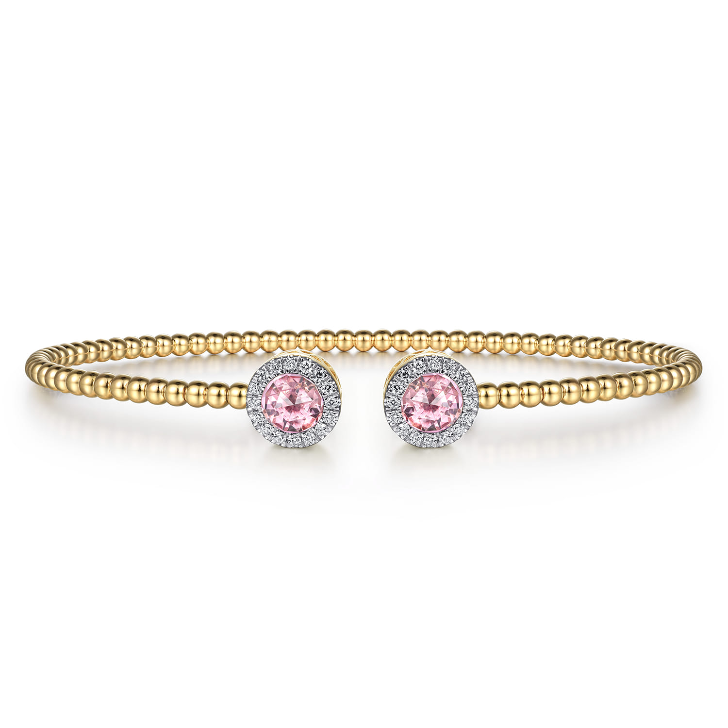 14K Yellow Gold Round Pink Cubic Zirconia and Diamond Halo Bujukan Bangle - 0.16 ct - Shot 1