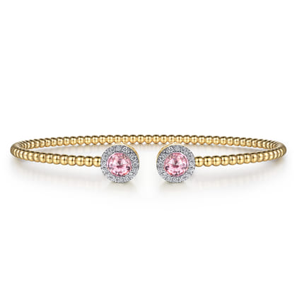 14K Yellow Gold Round Pink Cubic Zirconia and Diamond Halo Bujukan Bangle