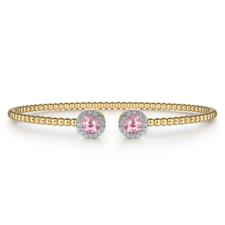 14K Yellow Gold Round Pink Cubic Zirconia and Diamond Halo Bujukan Bangle - 0.16 ct - Shot 1