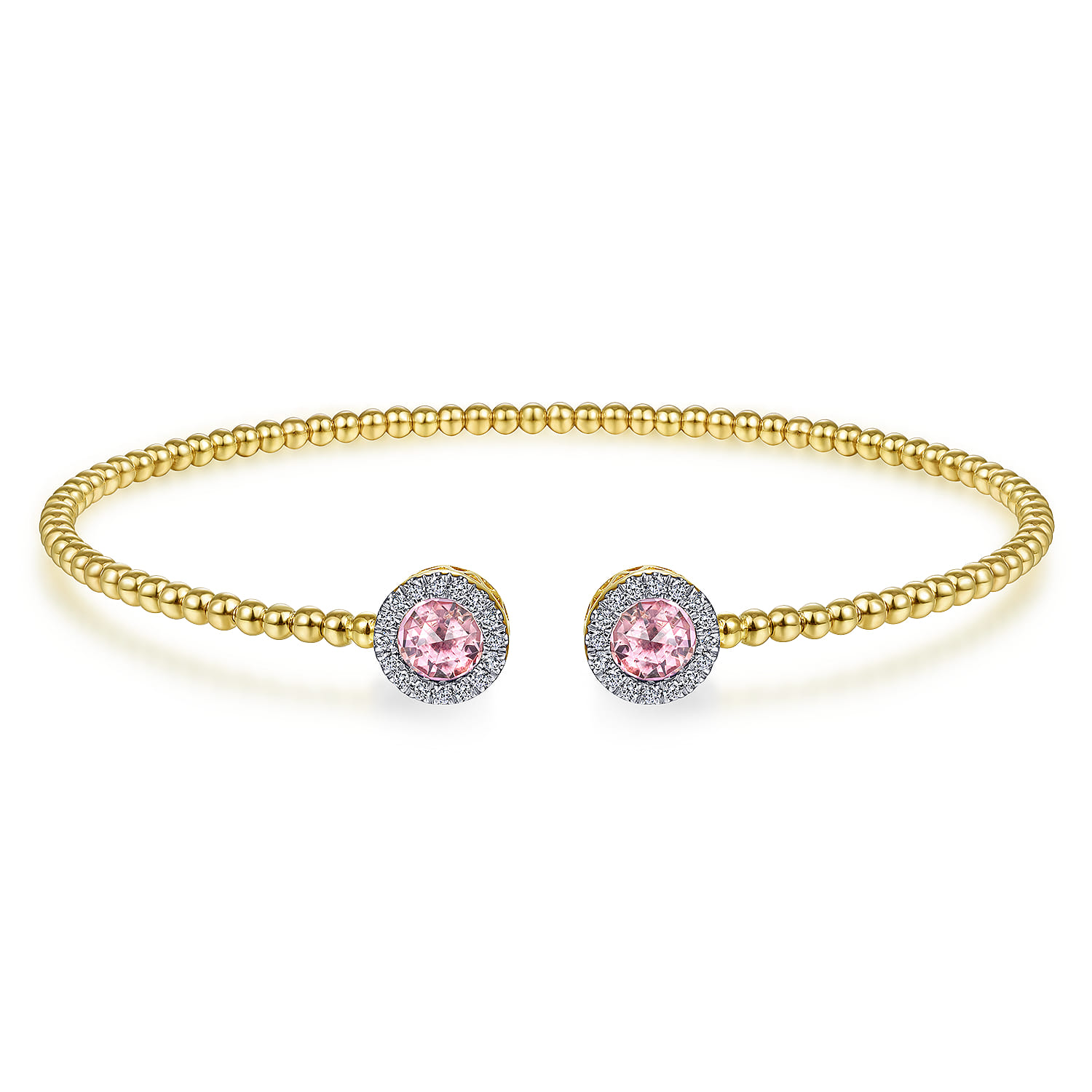 14K Yellow Gold Round Pink Cubic Zirconia and Diamond Halo Bujukan Bangle - 0.16 ct - Shot 1