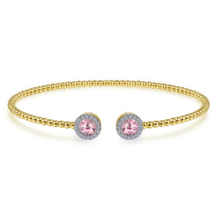 14K Yellow Gold Round Pink Cubic Zirconia and Diamond Halo Bujukan Bangle