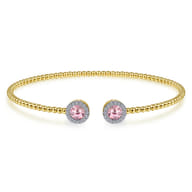 14K Yellow Gold Round Pink Cubic Zirconia and Diamond Halo Bujukan Bangle