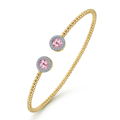 14K Yellow Gold Round Pink Zircon and Diamond Halo Bujukan Bangle