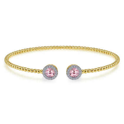 14K Yellow Gold Round Pink Zircon and Diamond Halo Bujukan Bangle