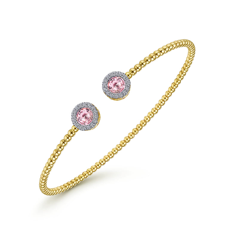 14K Yellow Gold Round Pink Zircon and Diamond Halo Bujukan Bangle - 0.16 ct - Shot 2