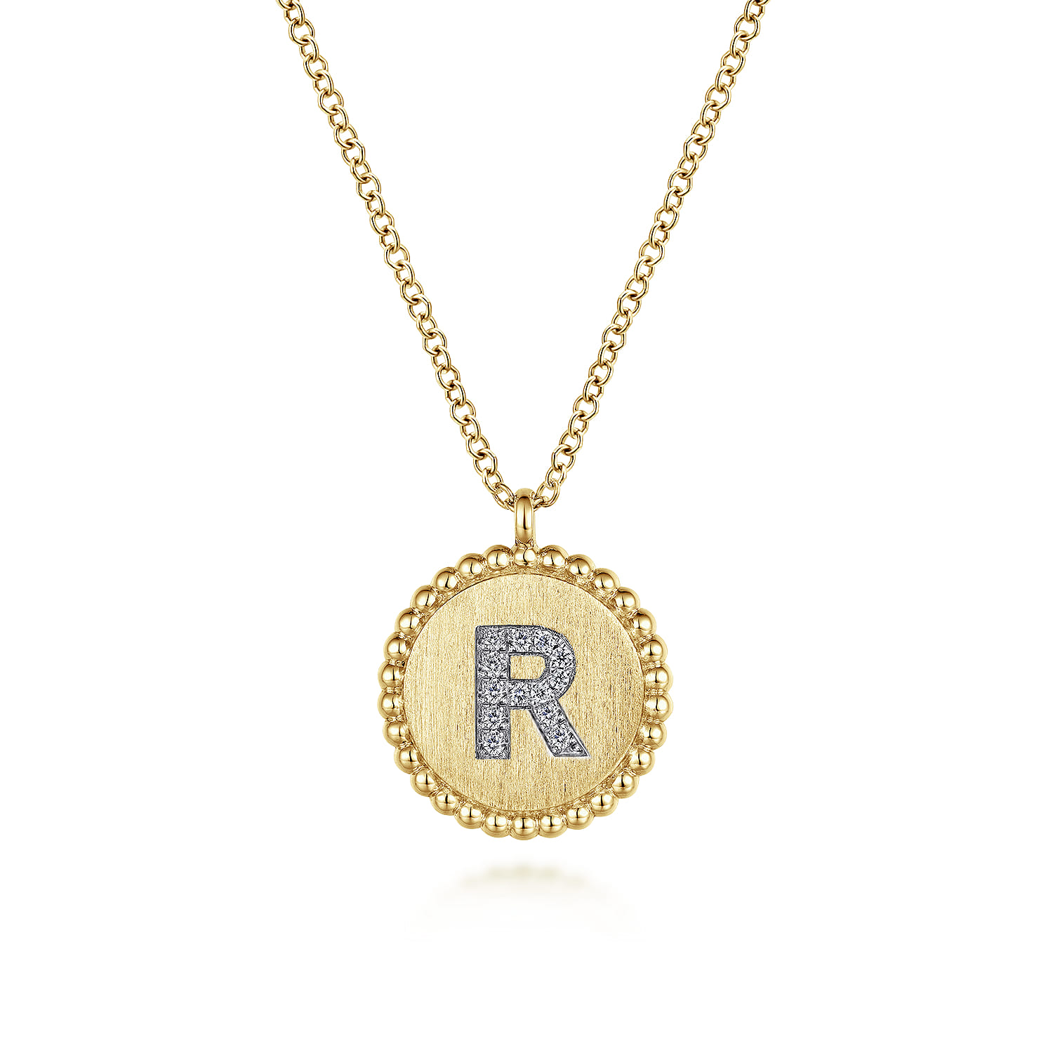 14K Yellow Gold Round R Initial Pendant Necklace with Diamonds - 0.05 ct - Shot 1