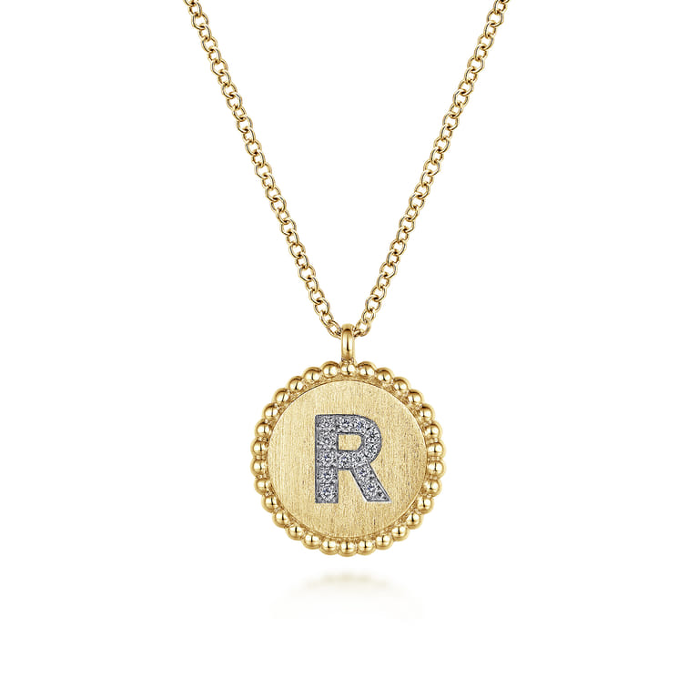 14K Yellow Gold Round R Initial Pendant Necklace with Diamonds - 0.05 ct - Shot 1