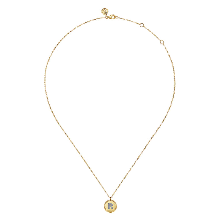 14K Yellow Gold Round R Initial Pendant Necklace with Diamonds - 0.05 ct - Shot 2
