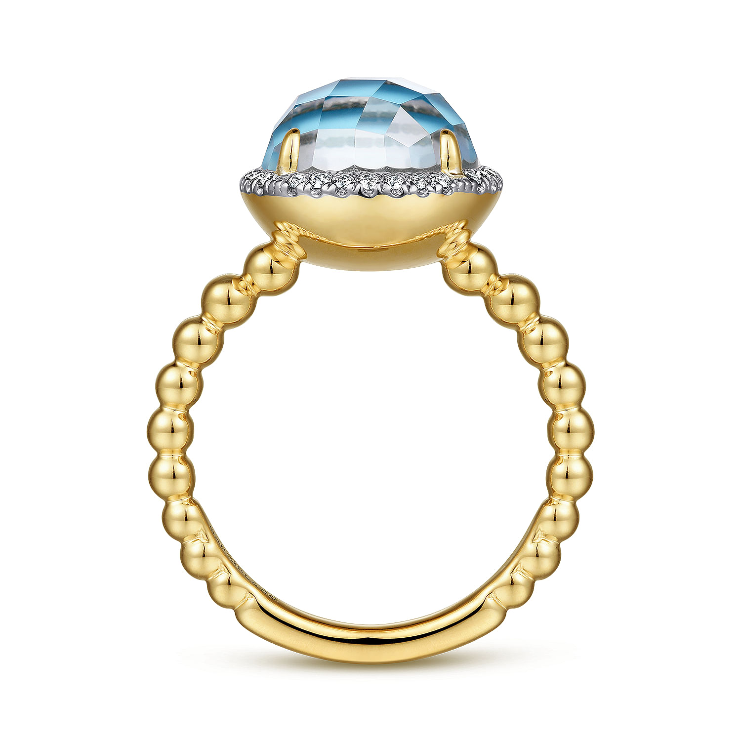 14K Yellow Gold Round Rock Crystal Turquoise and Diamond Halo Ring - 0.14 ct - Shot 2