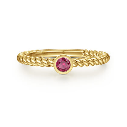 14K Yellow Gold Round Ruby Ring with Twisted Rope Shank