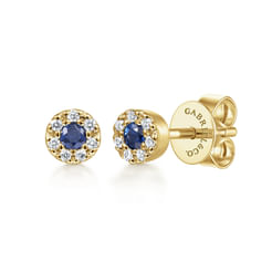14K Yellow Gold Round Sapphire Diamond Halo Stud Earrings