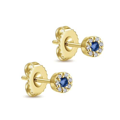 14K Yellow Gold Round Sapphire Diamond Halo Stud Earrings - 0.05 ct - Shot 2