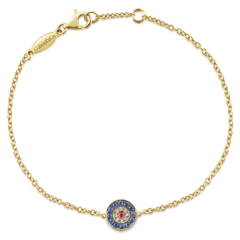14K Yellow Gold Round Sapphire Diamond and Ruby Evil Eye Bracelet - 0.04 ct - Shot 1