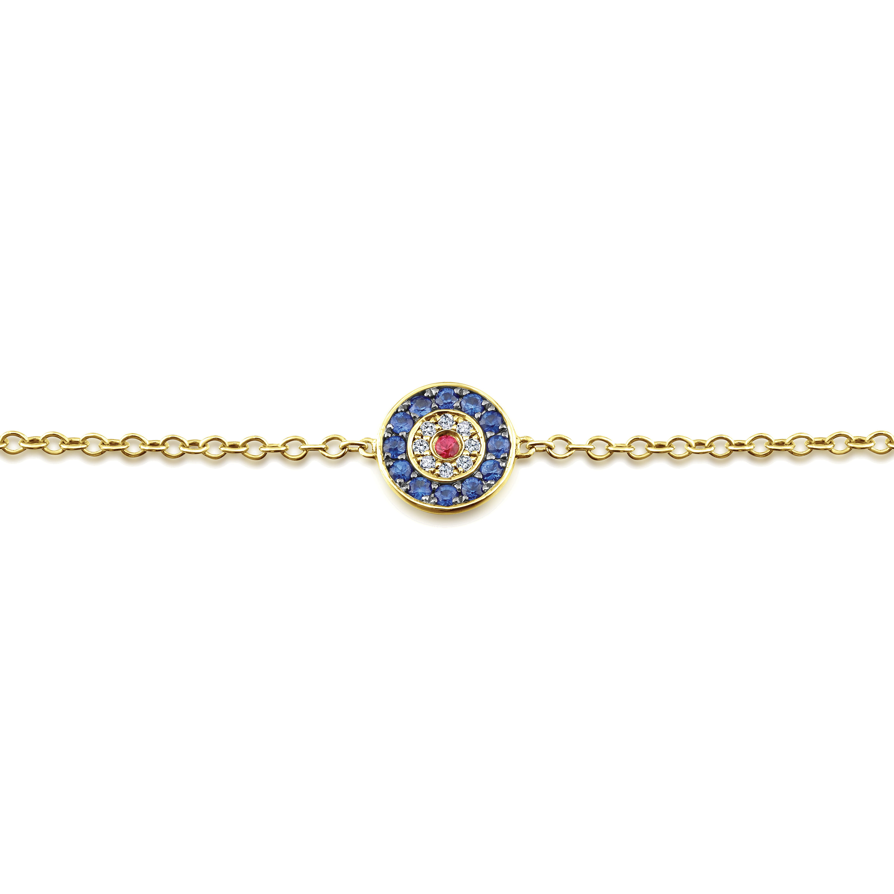 14K Yellow Gold Round Sapphire Diamond and Ruby Evil Eye Bracelet - 0.04 ct - Shot 2
