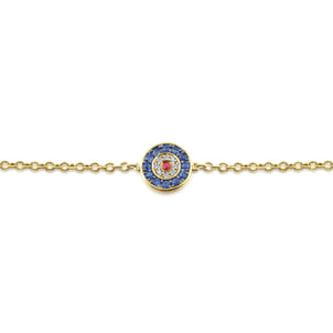 14K Yellow Gold Round Sapphire Diamond and Ruby Evil Eye Bracelet