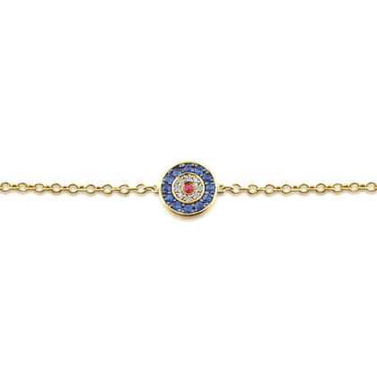 14K Yellow Gold Round Sapphire Diamond and Ruby Evil Eye Bracelet