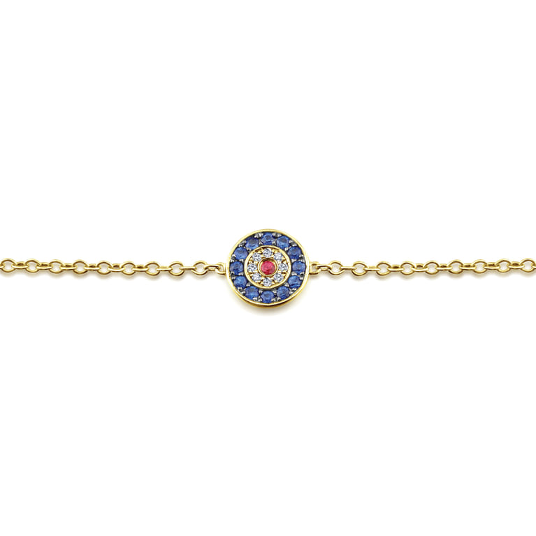 14K Yellow Gold Round Sapphire Diamond and Ruby Evil Eye Bracelet - 0.04 ct - Shot 2