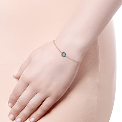 14K Yellow Gold Round Sapphire Diamond and Ruby Evil Eye Bracelet