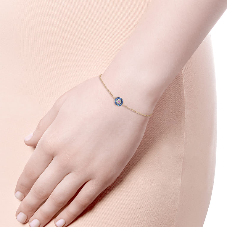 14K Yellow Gold Round Sapphire Diamond and Ruby Evil Eye Bracelet - 0.04 ct - Shot 3