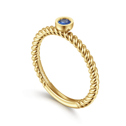 14K Yellow Gold Round Sapphire Ring with Twisted Rope Shank