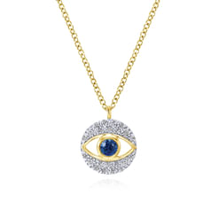 14K Yellow Gold Round Sapphire and Diamond Evil Eye Pendant Necklace