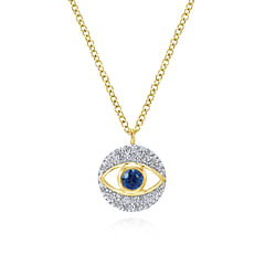 14K Yellow Gold Round Sapphire and Diamond Evil Eye Pendant Necklace