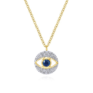 14K Yellow Gold Round Sapphire and Diamond Evil Eye Pendant Necklace