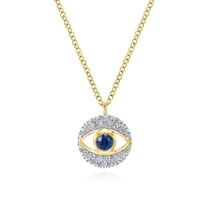 14K Yellow Gold Round Sapphire and Diamond Evil Eye Pendant Necklace