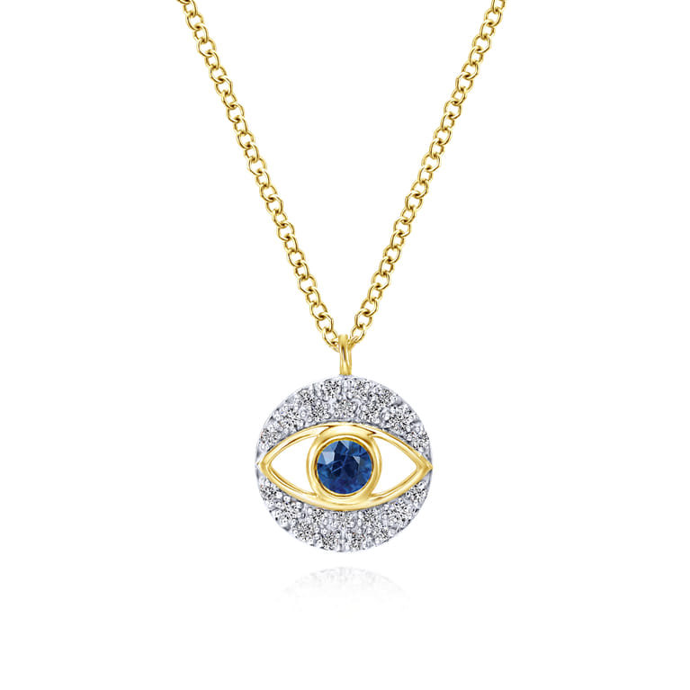 14K Yellow Gold Round Sapphire and Diamond Evil Eye Pendant Necklace - 0.09 ct - Shot 1