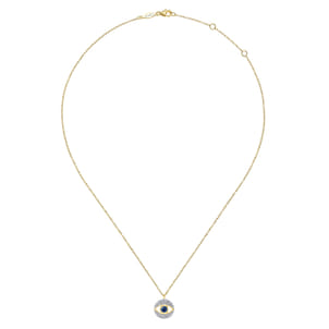 14K Yellow Gold Round Sapphire and Diamond Evil Eye Pendant Necklace