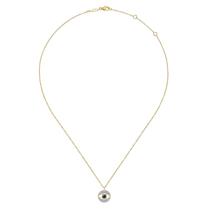 14K Yellow Gold Round Sapphire and Diamond Evil Eye Pendant Necklace