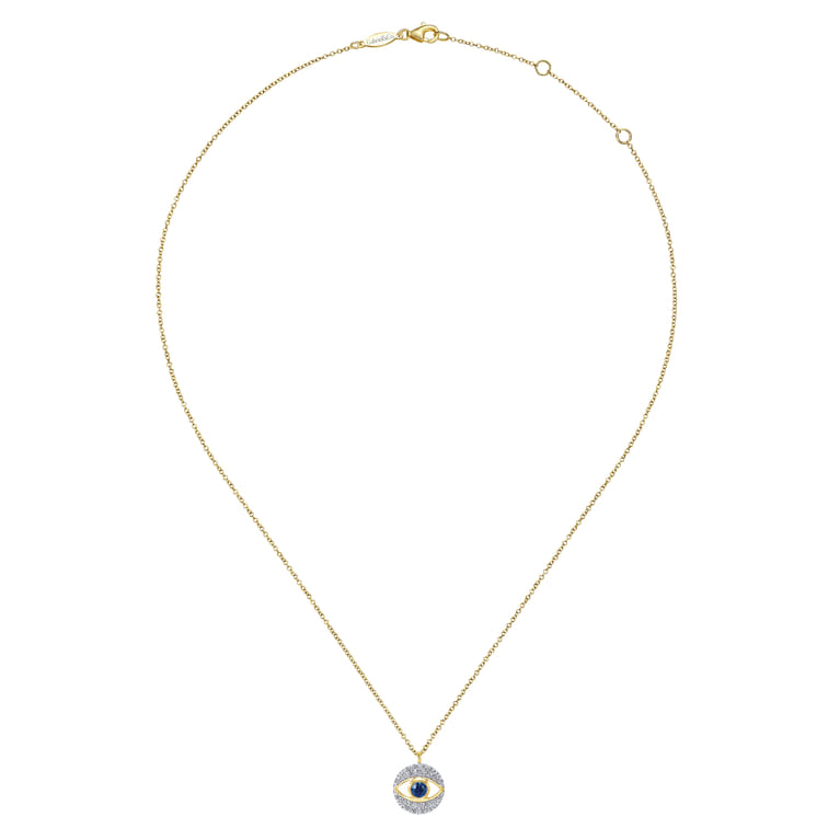 14K Yellow Gold Round Sapphire and Diamond Evil Eye Pendant Necklace - 0.09 ct - Shot 2