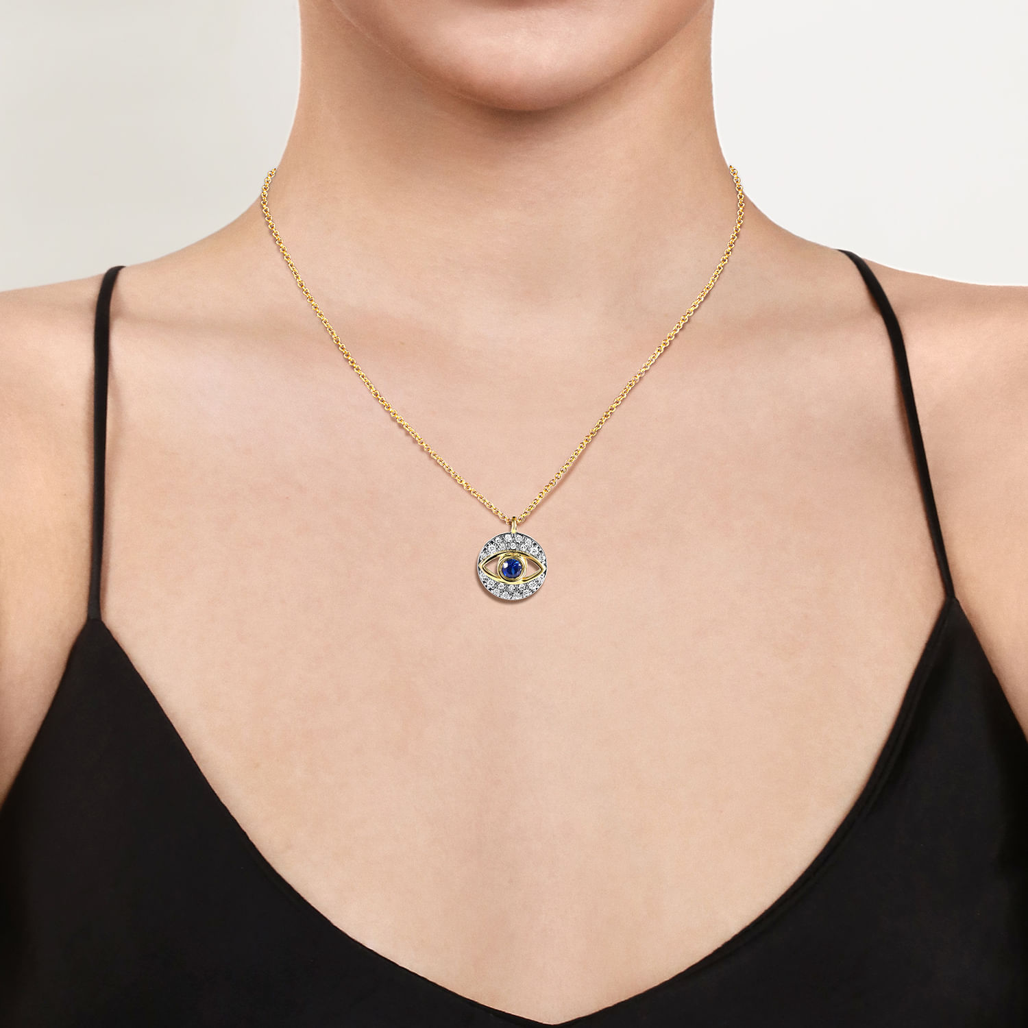 14K Yellow Gold Round Sapphire and Diamond Evil Eye Pendant Necklace