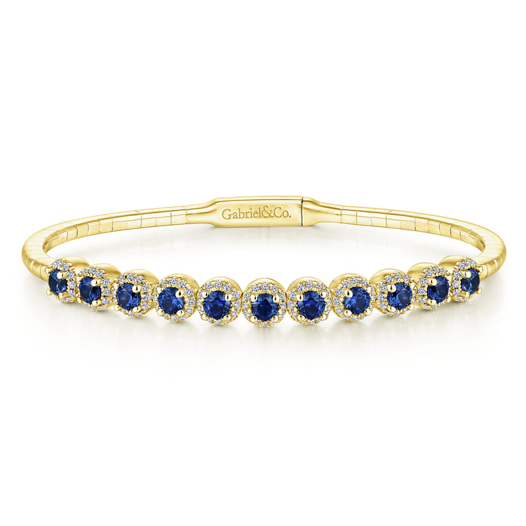 14K Yellow Gold Round Sapphire and Diamond Halo Bangle - 0.44 ct - Shot 1