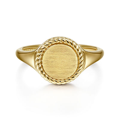 14K Yellow Gold Round Signet Ring with Twisted Rope Frame