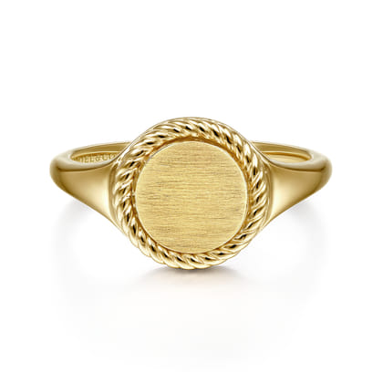 14K Yellow Gold Round Signet Ring with Twisted Rope Frame
