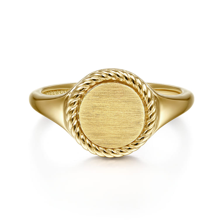 14K Yellow Gold Round Signet Ring with Twisted Rope Frame - Shot 1