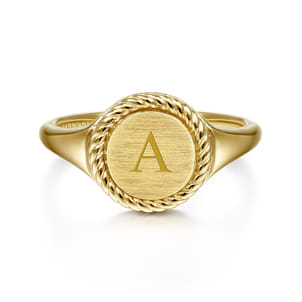 14K Yellow Gold Round Signet Ring with Twisted Rope Frame