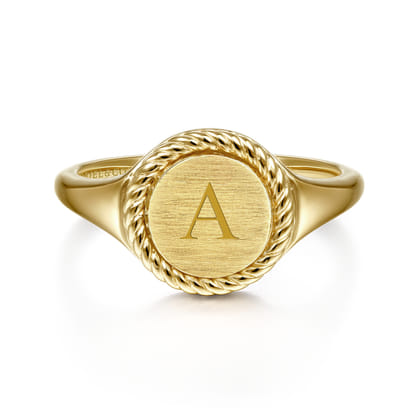 14K Yellow Gold Round Signet Ring with Twisted Rope Frame