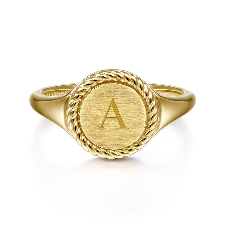 14K Yellow Gold Round Signet Ring with Twisted Rope Frame - Shot 6