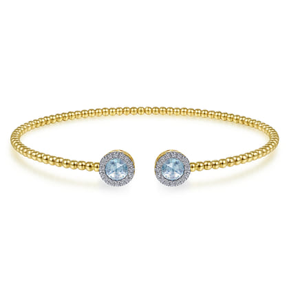 14K Yellow Gold Round Sky Blue Topaz and Diamond Halo Bujukan Bangle