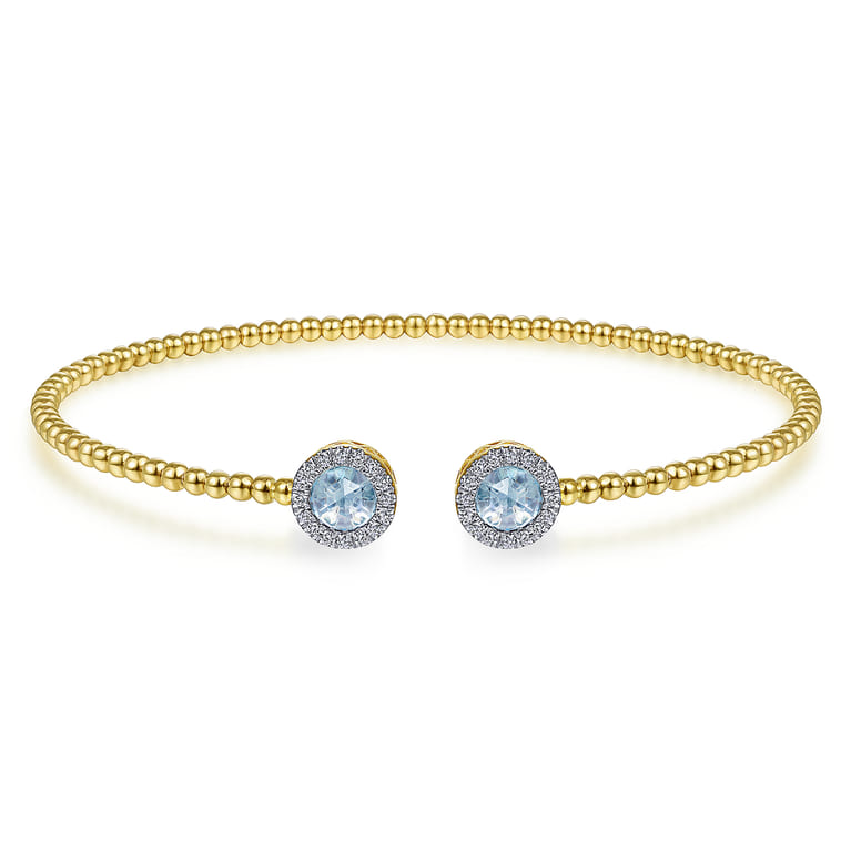 14K Yellow Gold Round Sky Blue Topaz and Diamond Halo Bujukan Bangle - 0.16 ct - Shot 1