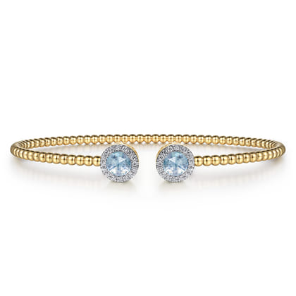 14K Yellow Gold Round Sky Blue Topaz and Diamond Halo Bujukan Bangle
