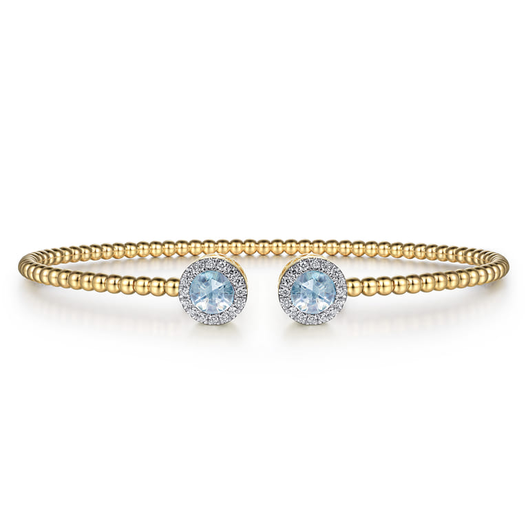 14K Yellow Gold Round Sky Blue Topaz and Diamond Halo Bujukan Bangle - 0.16 ct - Shot 1