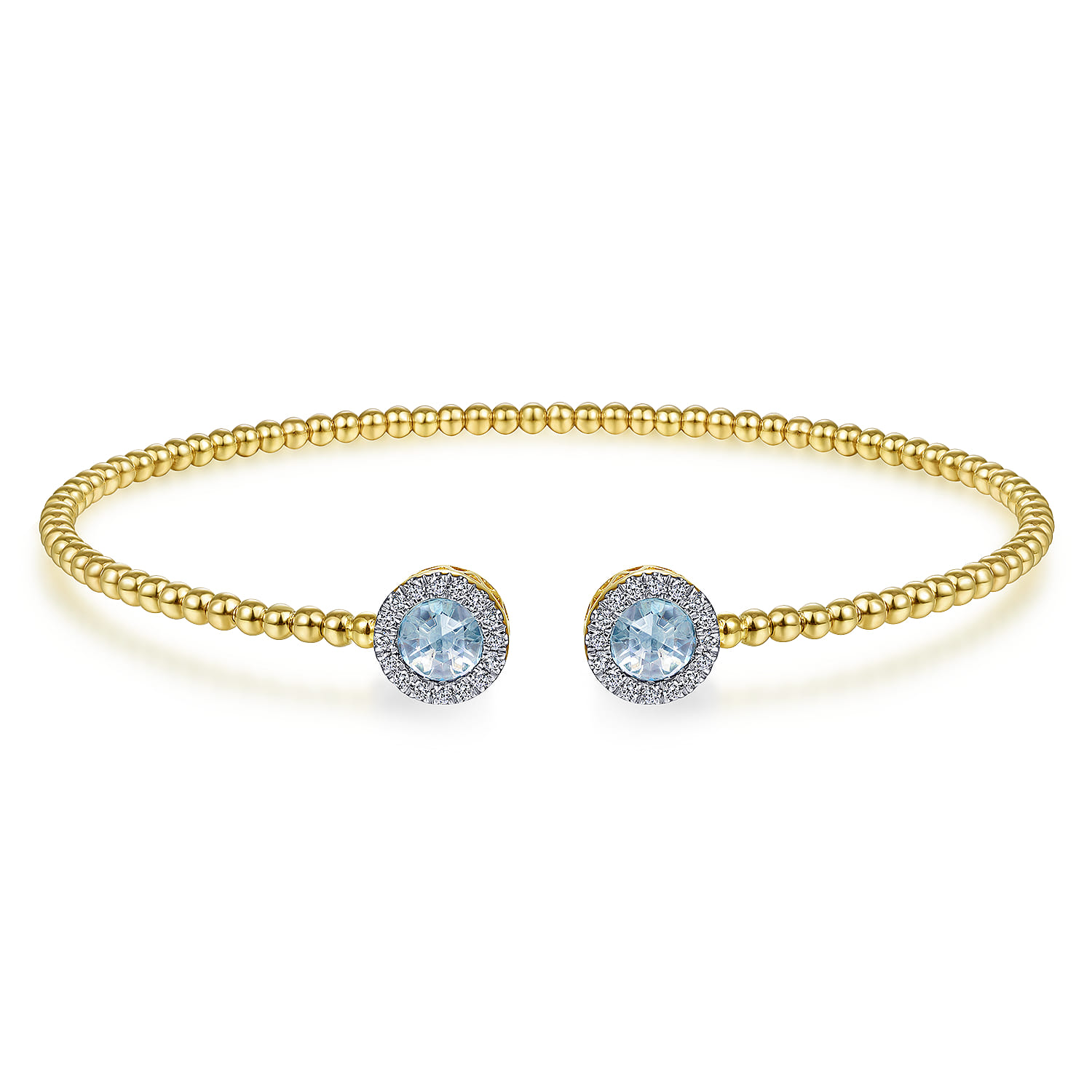 14K Yellow Gold Round Sky Blue Topaz and Diamond Halo Bujukan Bangle - 0.16 ct - Shot 1