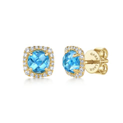 14K Yellow Gold Round Swiss Blue Topaz Cushion Diamond Halo Stud Earrings