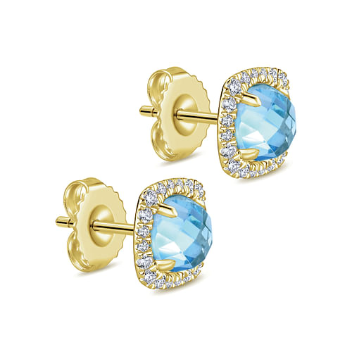 14K Yellow Gold Round Swiss Blue Topaz Cushion Diamond Halo Stud Earrings - 0.3 ct - Shot 2