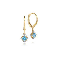 14K Yellow Gold Round Swiss Blue Topaz and Diamond Drop Earrings