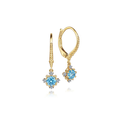 14K Yellow Gold Round Swiss Blue Topaz and Diamond Drop Earrings