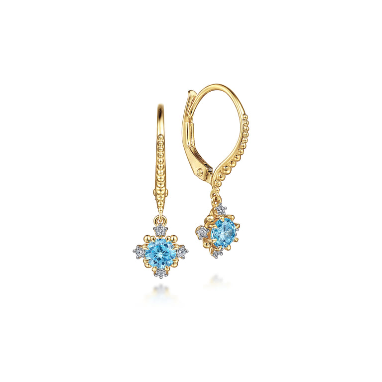 14K Yellow Gold Round Swiss Blue Topaz and Diamond Drop Earrings - 0.08 ct - Shot 1
